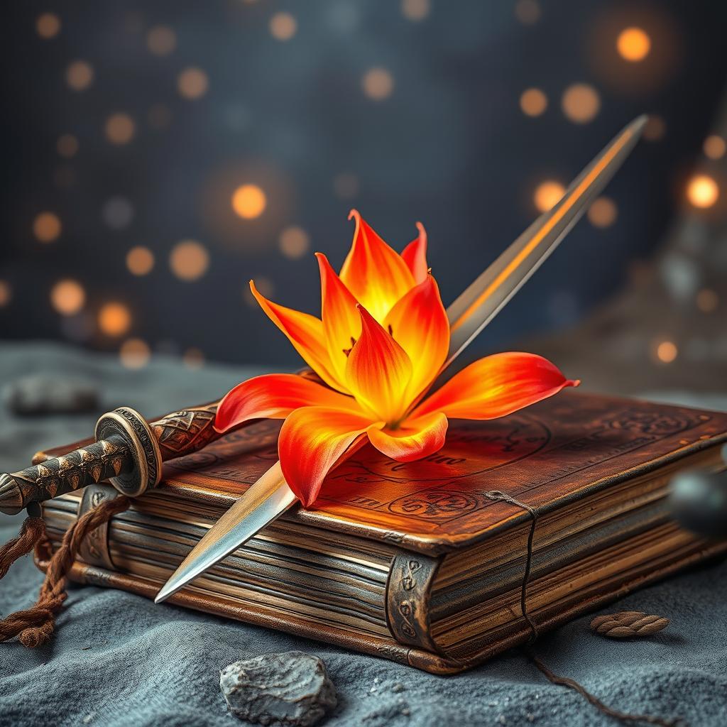 A captivating fantasy book cover featuring a vibrant fire lily in full bloom alongside a beautifully crafted long sword, both resting on an ancient, weathered tome