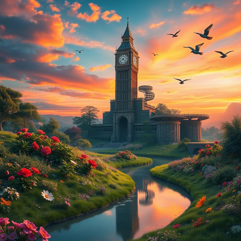 A surrealistic landscape featuring a colossal clock tower in the center, surrounded by lush greenery and vibrant flowers