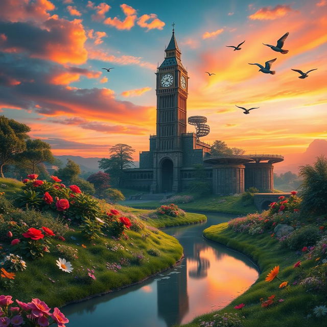 A surrealistic landscape featuring a colossal clock tower in the center, surrounded by lush greenery and vibrant flowers