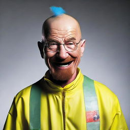 Adapt Walter White's expression to feature an exaggerated wide grin inspired by the whimsical characters of Dr. Seuss, maintaining his hazmat suit and overall look