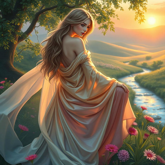 A detailed depiction of a graceful and elegant female figure, draped in flowing silken garments that shimmer in various hues