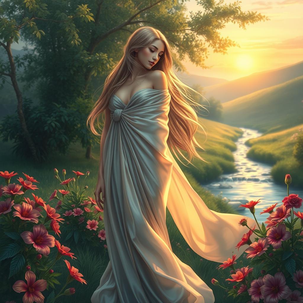 A detailed depiction of a graceful and elegant female figure, draped in flowing silken garments that shimmer in various hues