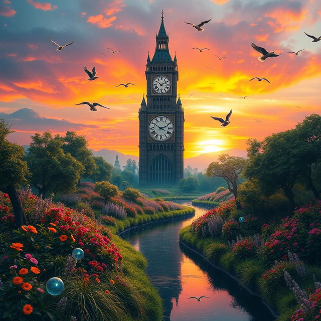 A surrealistic landscape featuring a colossal clock tower in the center, surrounded by lush greenery and vibrant flowers