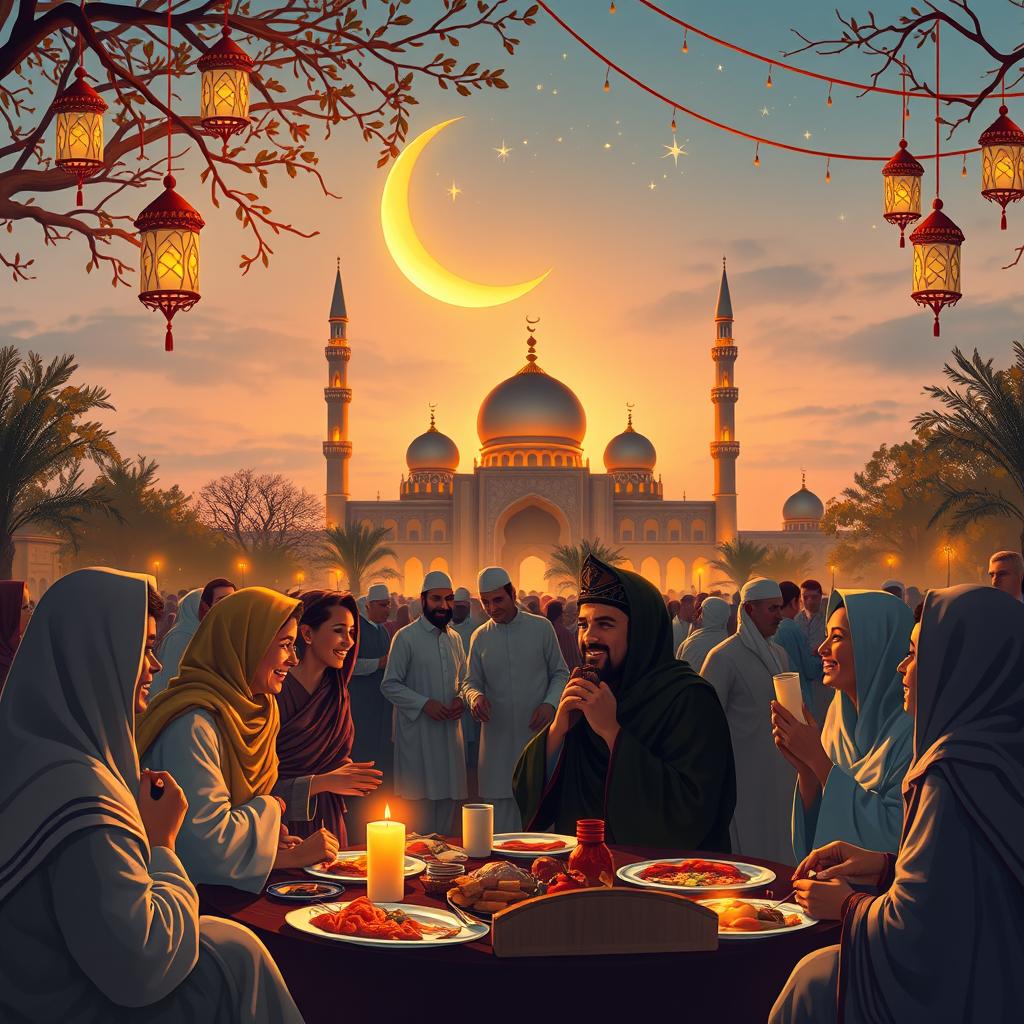 A serene and spiritual scene representing the month of Ramadan during sunset