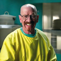 Adapt Walter White's expression to feature an exaggerated wide grin inspired by the whimsical characters of Dr. Seuss, maintaining his hazmat suit and overall look