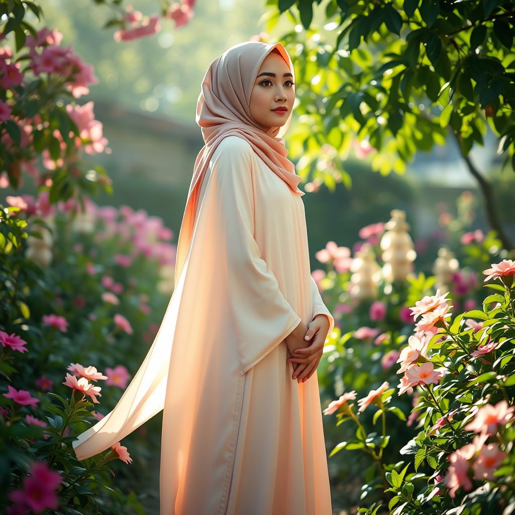 A beautifully serene scene featuring a young woman in a hijab, standing in a tranquil garden surrounded by vibrant flowers