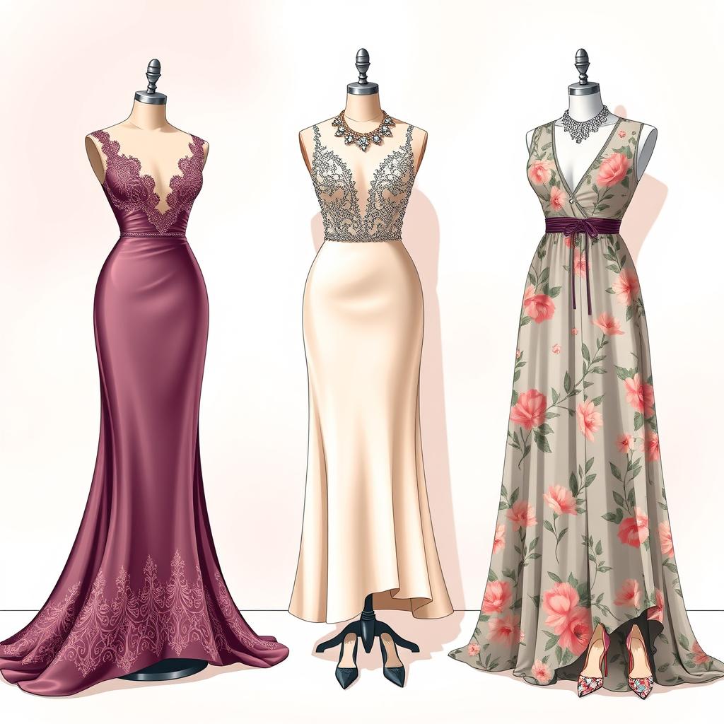 A stunning fashion illustration featuring a variety of elegant dresses