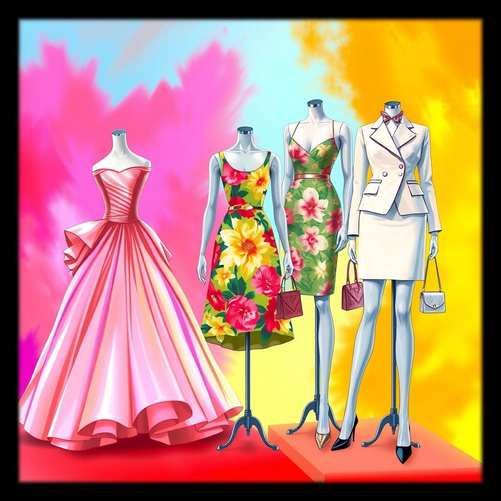 A vibrant fashion illustration showcasing a variety of beautiful dresses