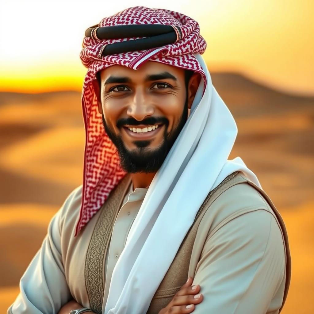 A fashionable Middle-Eastern man wearing a traditional Arabic headscarf (sorban) with intricate patterns, striking a confident pose against a desert backdrop