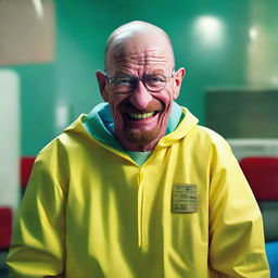 Adapt Walter White's expression to feature an exaggerated wide grin inspired by the whimsical characters of Dr. Seuss, maintaining his hazmat suit and overall look