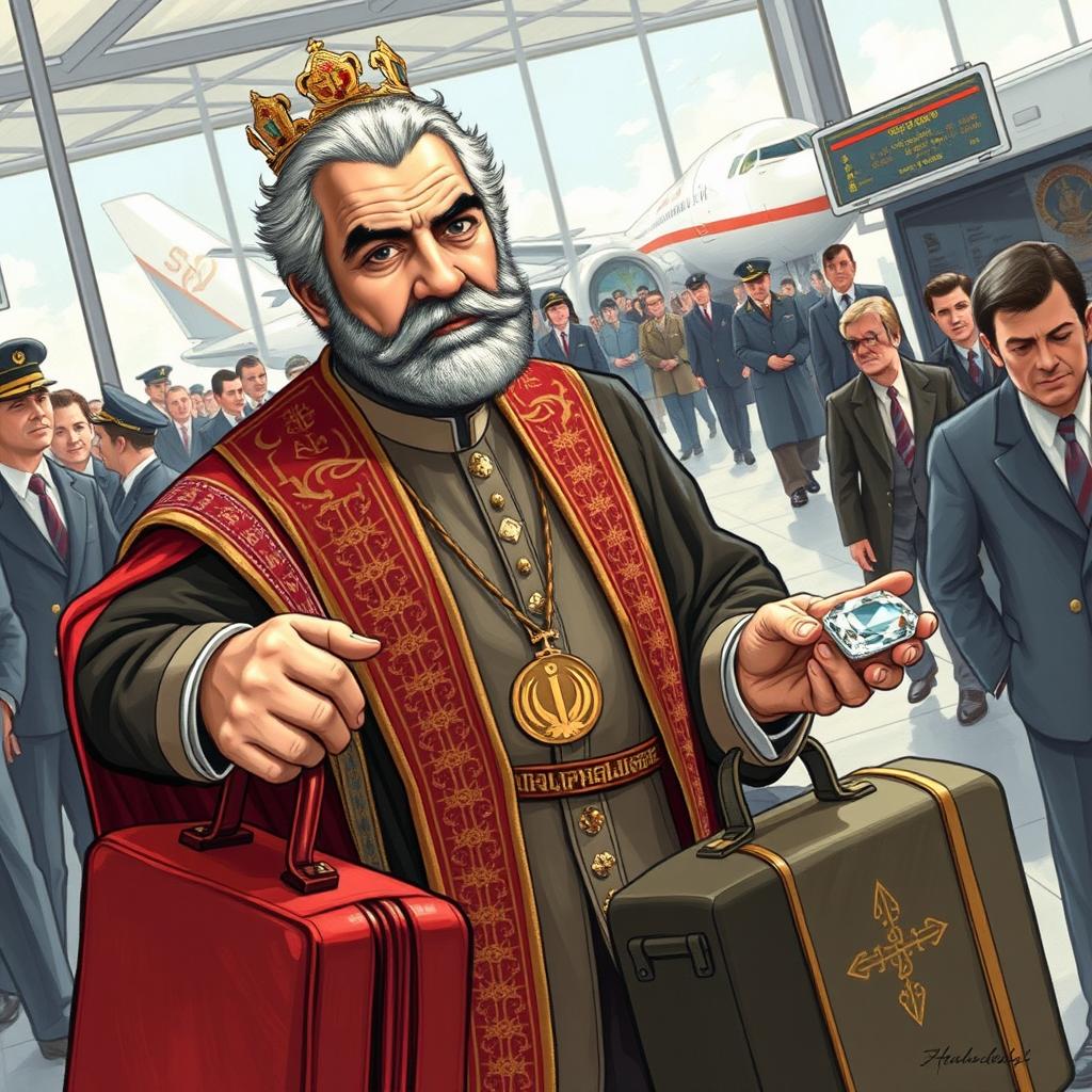 An illustration of the Shah of Iran in a dramatic scene at an airport