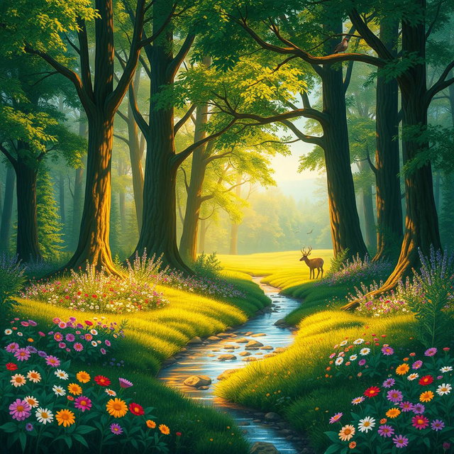 A lush, vibrant forest scene filled with towering trees and a variety of colorful wildflowers