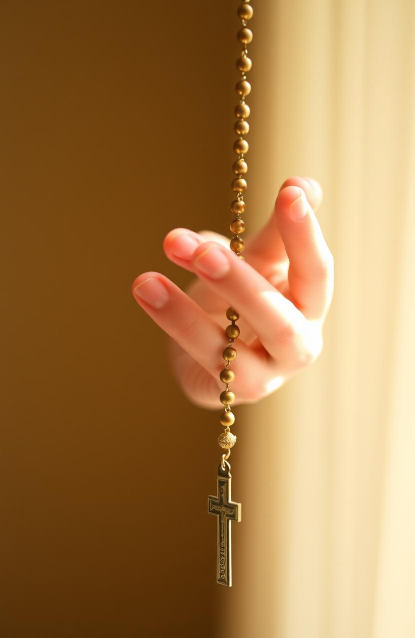 A close-up of a teenage white hand gracefully falling while holding a rosary