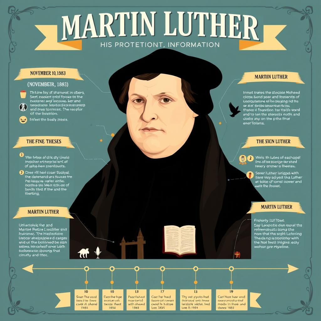An infographic about Martin Luther, highlighting key aspects of his life and contributions to the Protestant Reformation