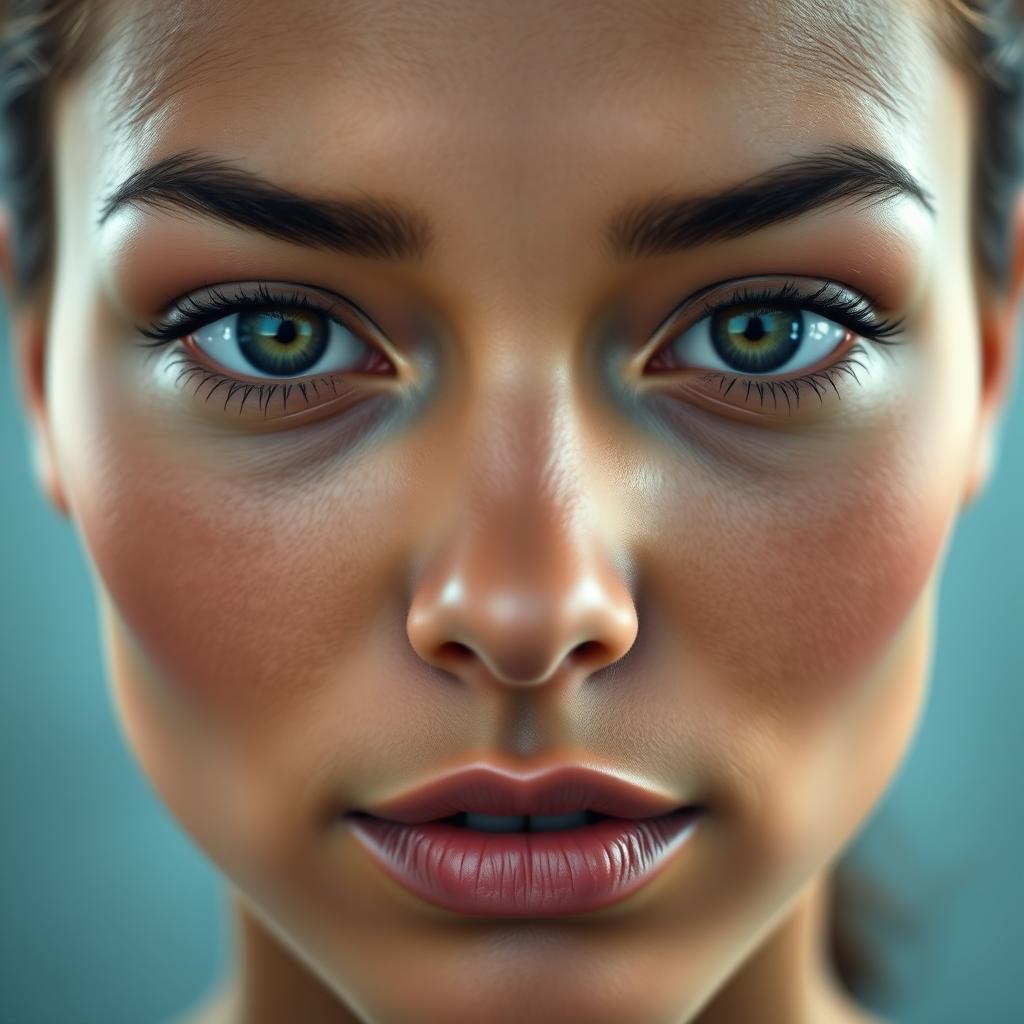 A highly detailed close-up portrait of a human face that conveys perfect symmetry, capturing the intricate features such as symmetrical eyes, a balanced nose, and evenly spaced facial elements