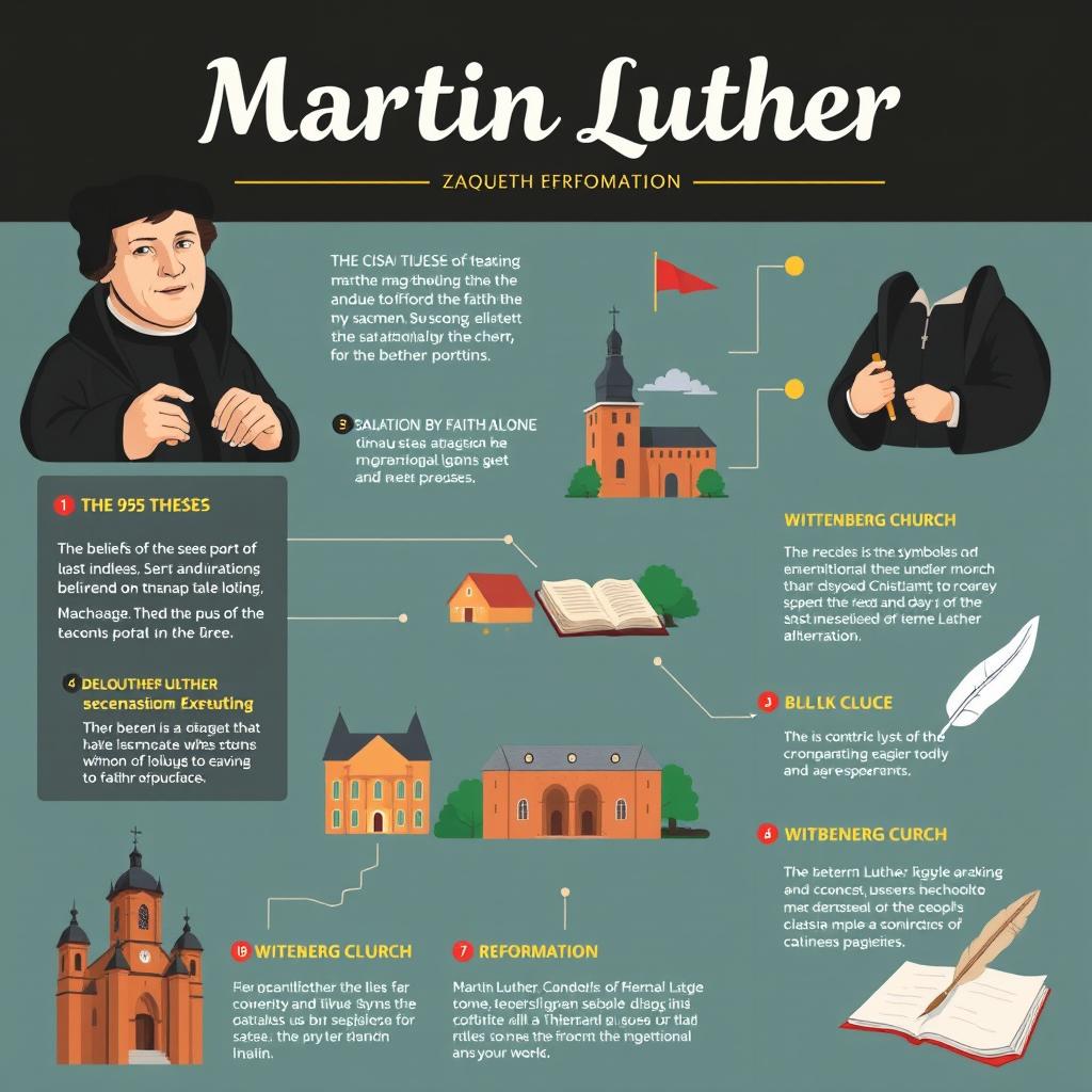 An infographic highlighting the significant events and teachings of Martin Luther, featuring his key contributions to the Reformation, including the 95 Theses, his beliefs about salvation by faith alone, and the impact on Christianity and modern church practices