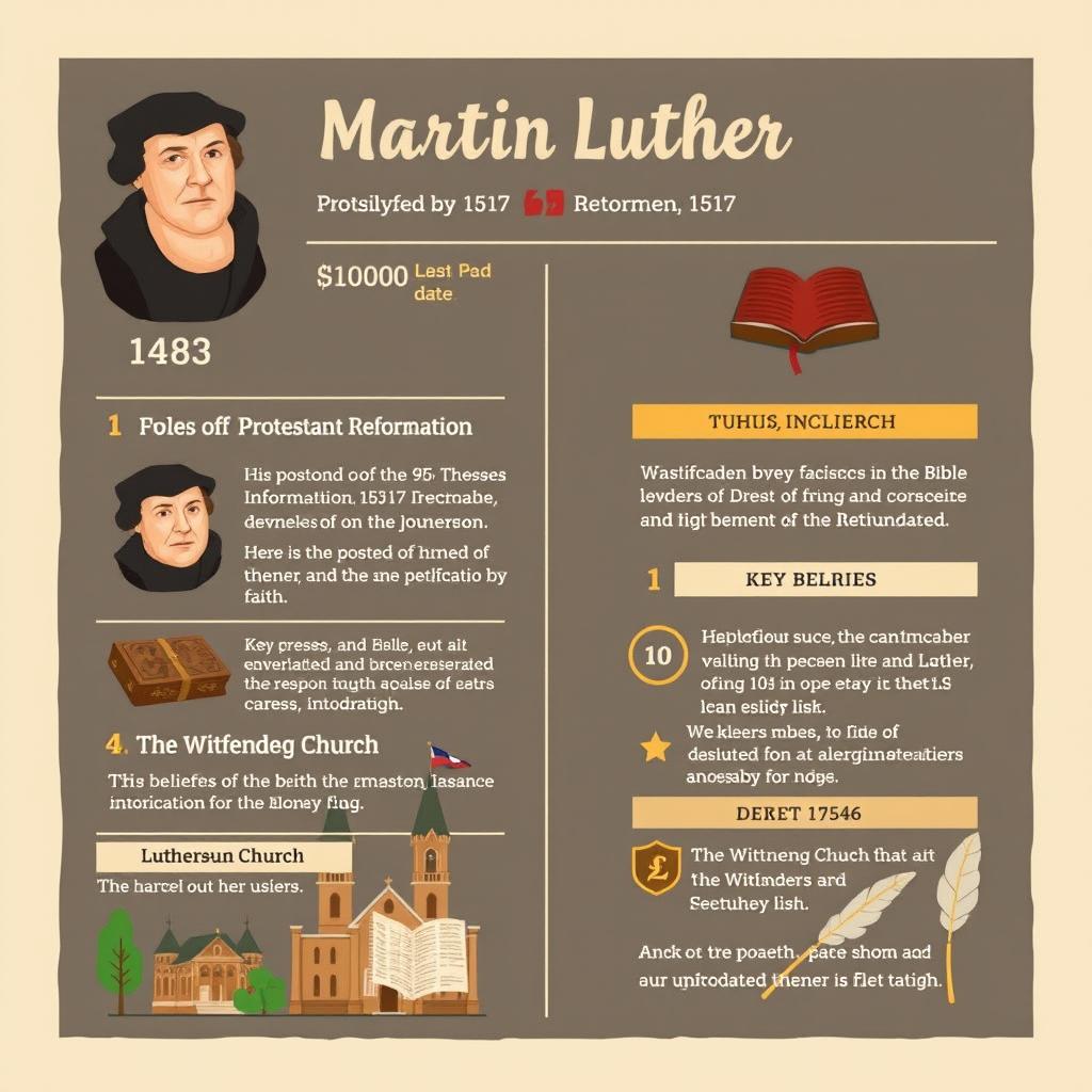 An infographic about Martin Luther that includes the following information: his birth date in 1483, his role in the Protestant Reformation, the posting of the 95 Theses in 1517, his translation of the Bible into German, key beliefs such as justification by faith, the creation of the Lutheran Church, and his death in 1546
