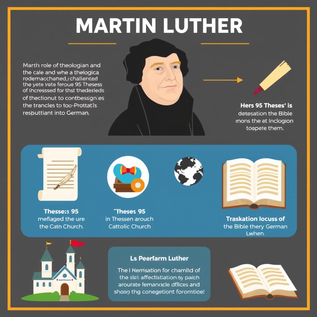 An educational infographic about Martin Luther, highlighting key information such as his role as a theologian and reformer, his 95 Theses that challenged the Catholic Church, his translation of the Bible into German, and the impact of his actions on the Protestant Reformation