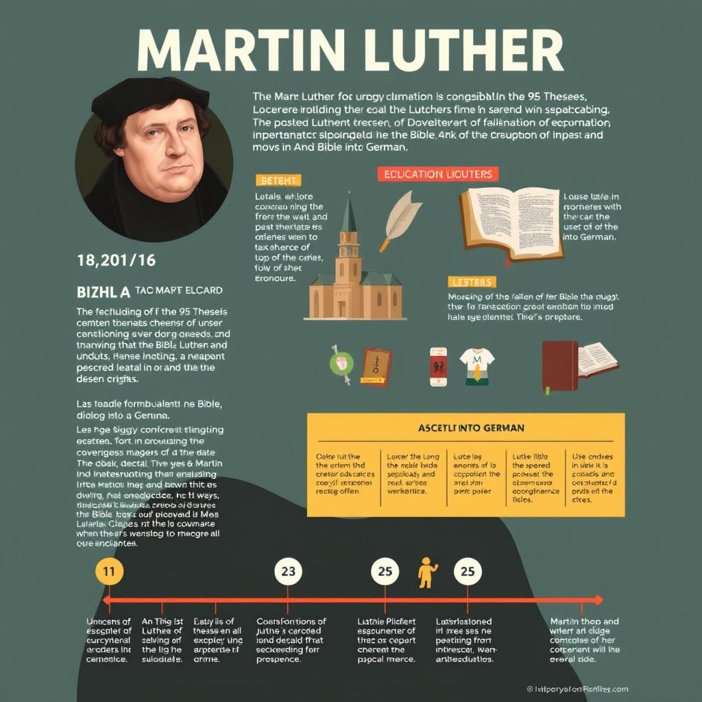 An informative infographic about Martin Luther, featuring essential details such as his birth date, significant contributions to the Protestant Reformation, including the posting of the 95 Theses, the establishment of Lutheranism, and his translation of the Bible into German