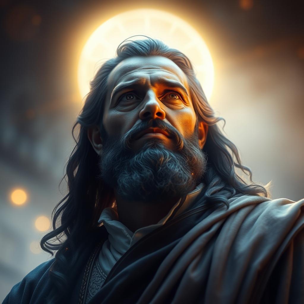 A majestic figure of a man standing tall, surrounded by a halo of divine light