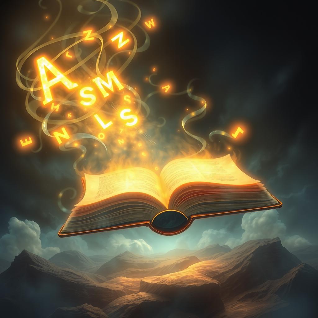 A large, ancient book floating in mid-air, its pages slightly open, with glowing letters emerging vibrantly from within
