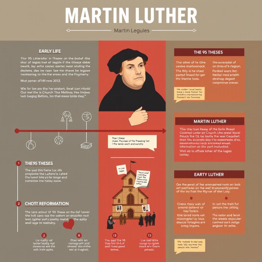 An informative and visually appealing infographic about Martin Luther, featuring key elements such as his early life, the 95 Theses, the Protestant Reformation, and his influence on religion and society
