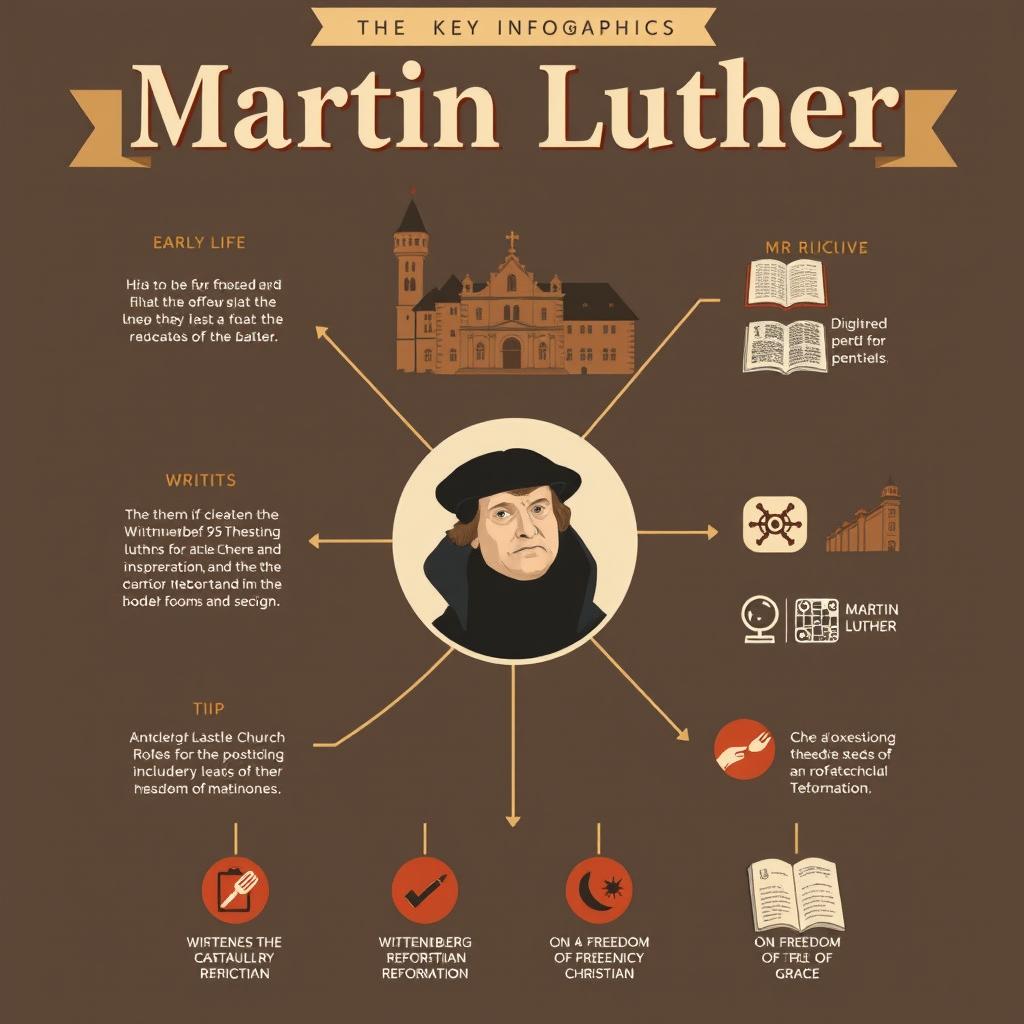 An infographic about Martin Luther, featuring key highlights of his life and impact on history