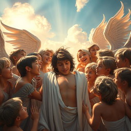 Angels surrounding Adam, their faces filled with awe and admiration