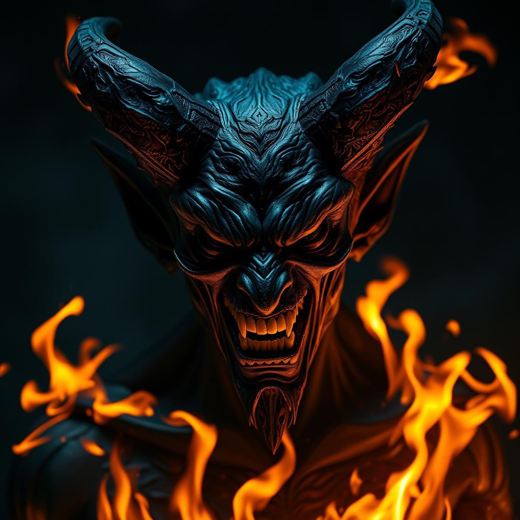 A demon figure with a gaze full of hatred, its body entirely black with flames flickering around it