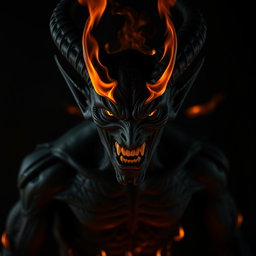 A demon figure with a gaze full of hatred, its body entirely black with flames flickering around it