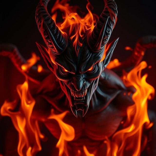 A demon figure with a gaze full of hatred, its body entirely black with flames flickering around it