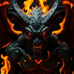 A demon figure with a gaze full of hatred, its body entirely black with flames flickering around it