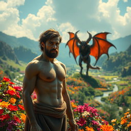 Adam standing with a calm demeanor, while a demon in the distance watches with a gaze full of envy