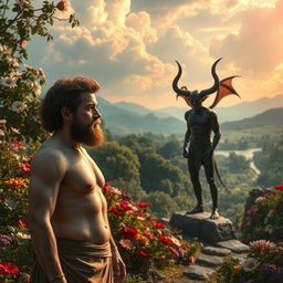 Adam standing with a calm demeanor, while a demon in the distance watches with a gaze full of envy