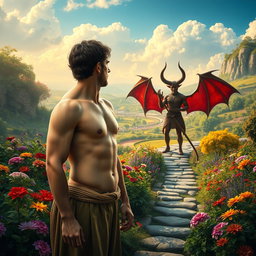 Adam standing with a calm demeanor, while a demon in the distance watches with a gaze full of envy