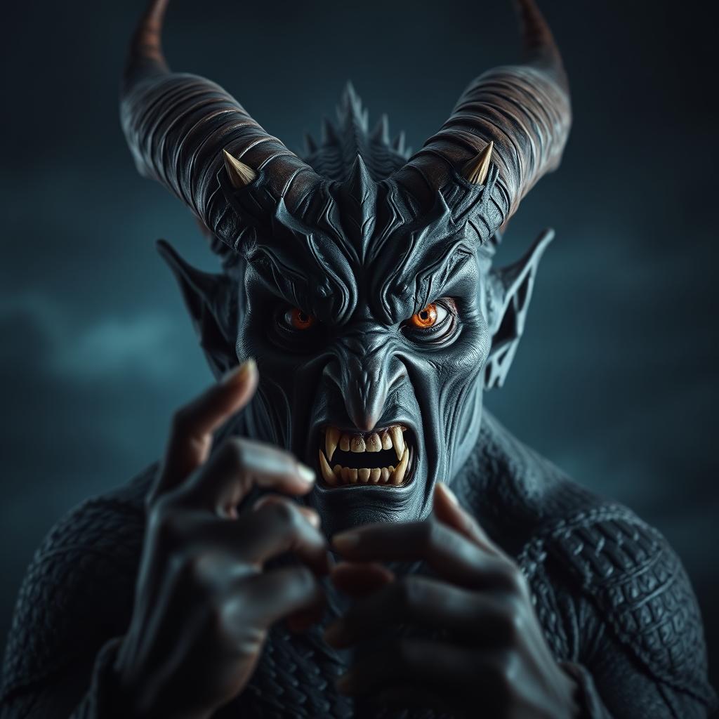 A demon refusing to kneel, its face displaying arrogance and a gaze filled with hatred