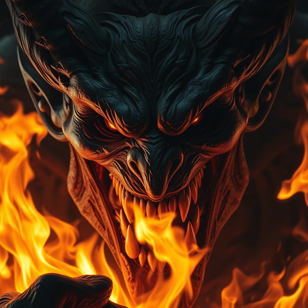 The face of an enraged demon, with fierce expression and piercing eyes, surrounded by flames that flicker and burn fiercely around it