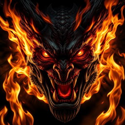 The face of an enraged demon, with fierce expression and piercing eyes, surrounded by flames that flicker and burn fiercely around it