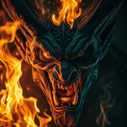 The face of an enraged demon, with fierce expression and piercing eyes, surrounded by flames that flicker and burn fiercely around it
