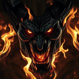 The face of an enraged demon, with fierce expression and piercing eyes, surrounded by flames that flicker and burn fiercely around it