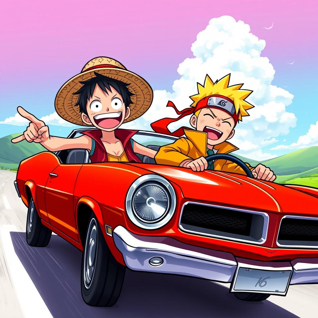 A vibrant and dynamic illustration of Luffy from One Piece and Naruto from Naruto, joyfully riding in an American muscle car