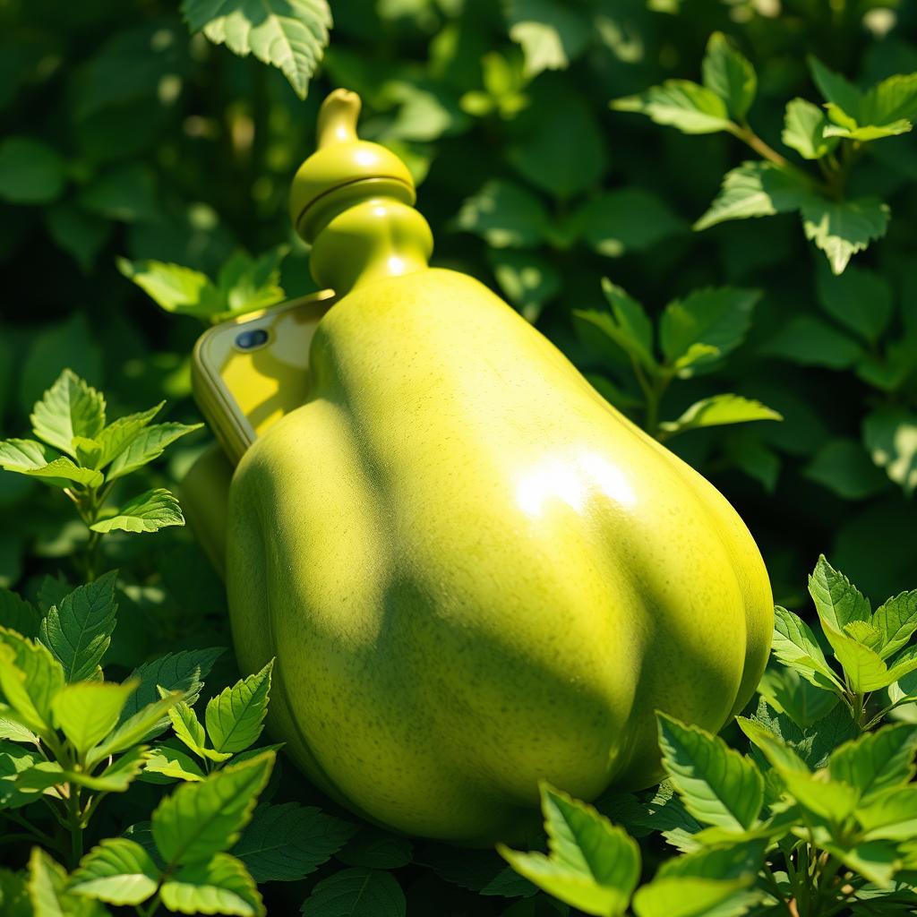 A creative illustration of a smartphone made entirely out of bottle gourd, featuring the gourd's smooth, green surface and unique shape as it seamlessly integrates into the form of a modern smartphone