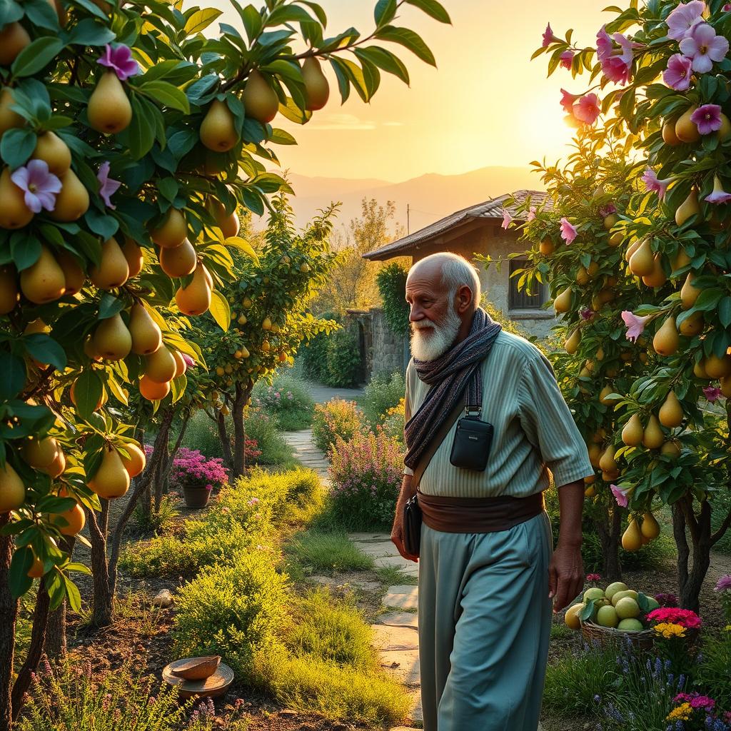 In a picturesque small village, a kind-hearted man named Ali tends to his lush and vibrant garden filled with delicious fruits and sweet pears
