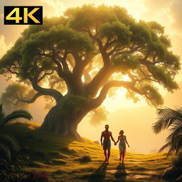A serene depiction of paradise featuring a large, majestic tree, with Adam and Eve walking together in harmony