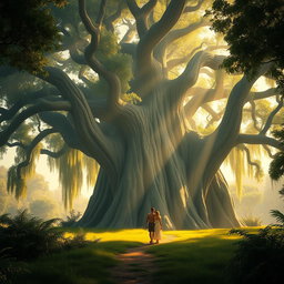 A serene depiction of paradise featuring a large, majestic tree, with Adam and Eve walking together in harmony