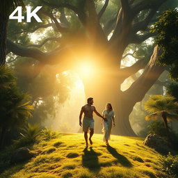 A serene depiction of paradise featuring a large, majestic tree, with Adam and Eve walking together in harmony