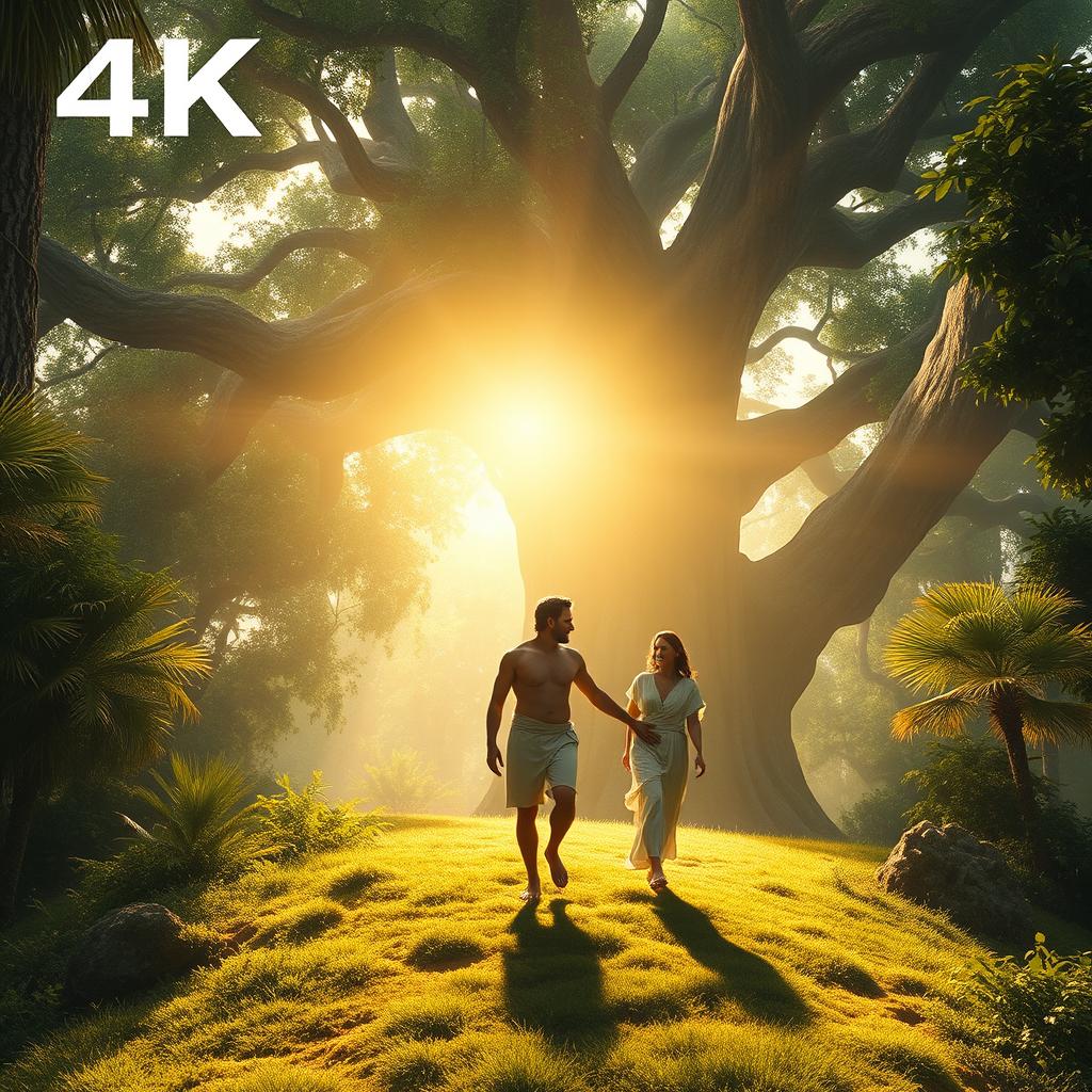 A serene depiction of paradise featuring a large, majestic tree, with Adam and Eve walking together in harmony