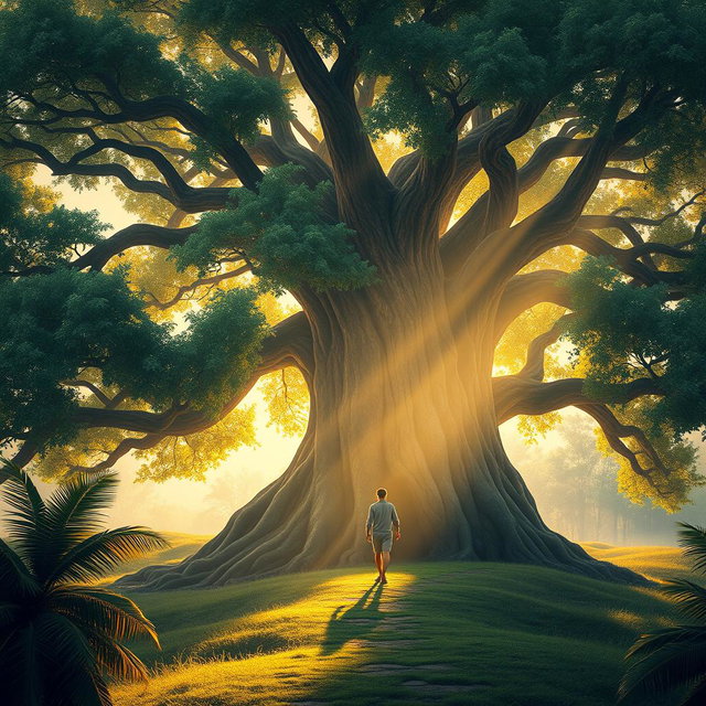 A serene depiction of paradise featuring a large, majestic tree, with Adam and Eve walking together in harmony