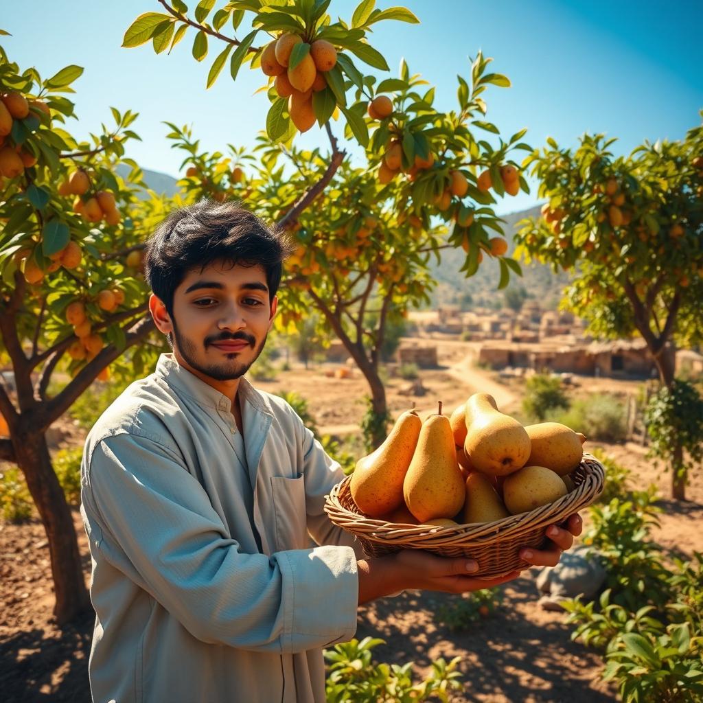 A heartwarming scene depicting a young man named Ali collecting sweet fruits, specifically pears, from his lush garden