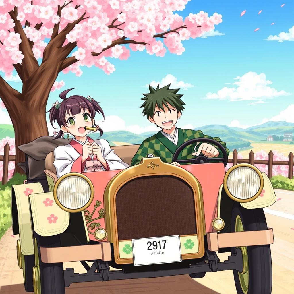An artistic illustration featuring characters from Kimetsu no Yaiba (Demon Slayer) joyfully riding in an antique car